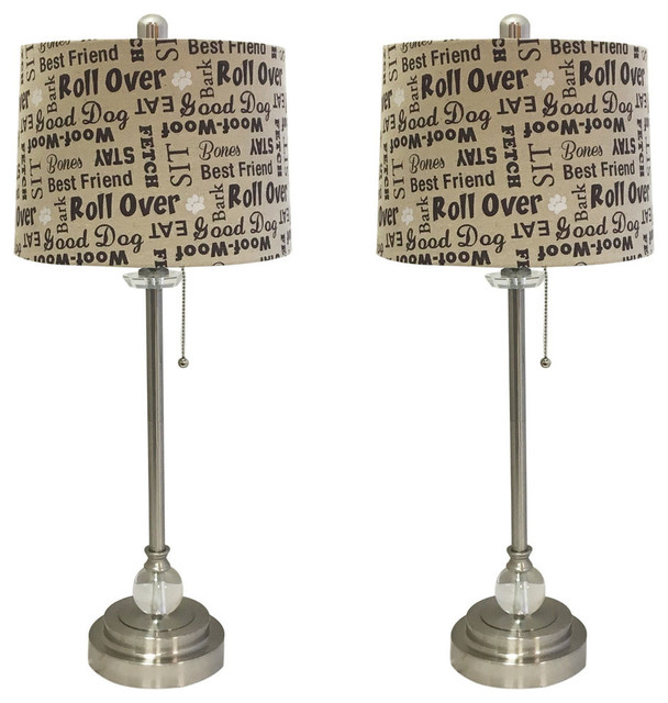 28" Crystal Lamp With Cream/Brown Dog Lover Drum Shade, Brushed Nickel, Set of 2