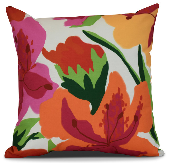 16x16", Tropical Floral, Floral Print Pillow, Bright Pink