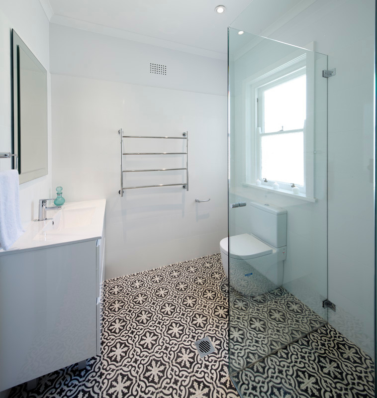 Large transitional bathroom in Sydney with white cabinets, shaker cabinets and bamboo floors.