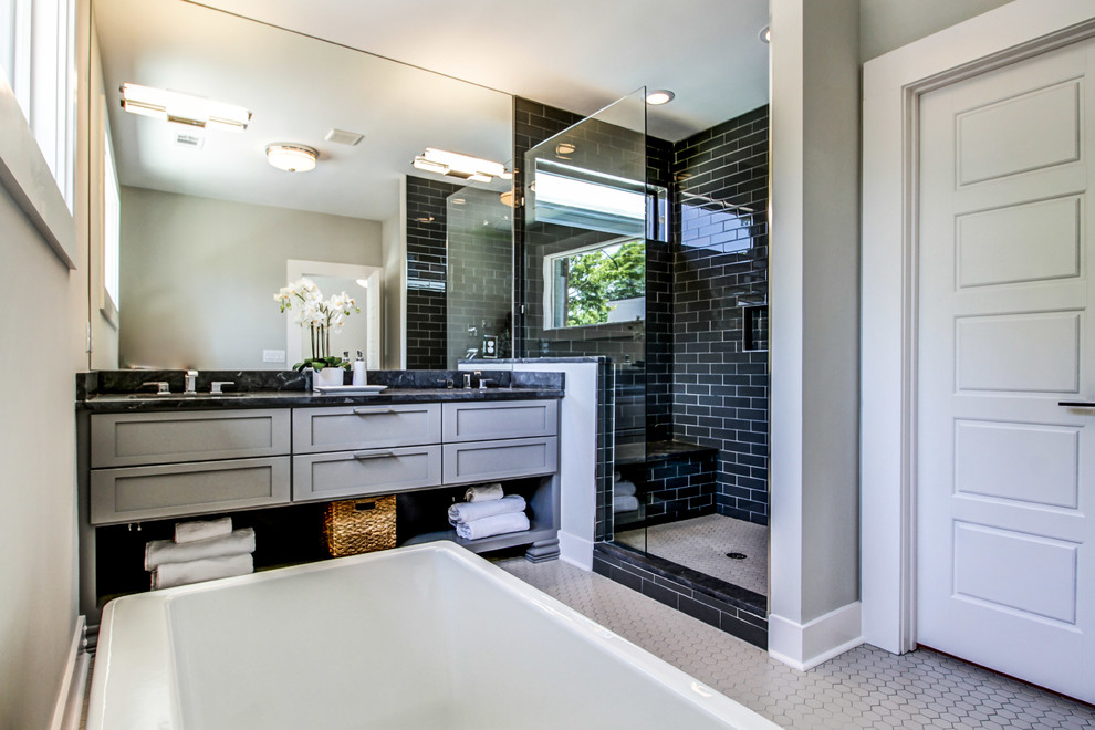 Design ideas for a transitional bathroom in Atlanta with an open shower.