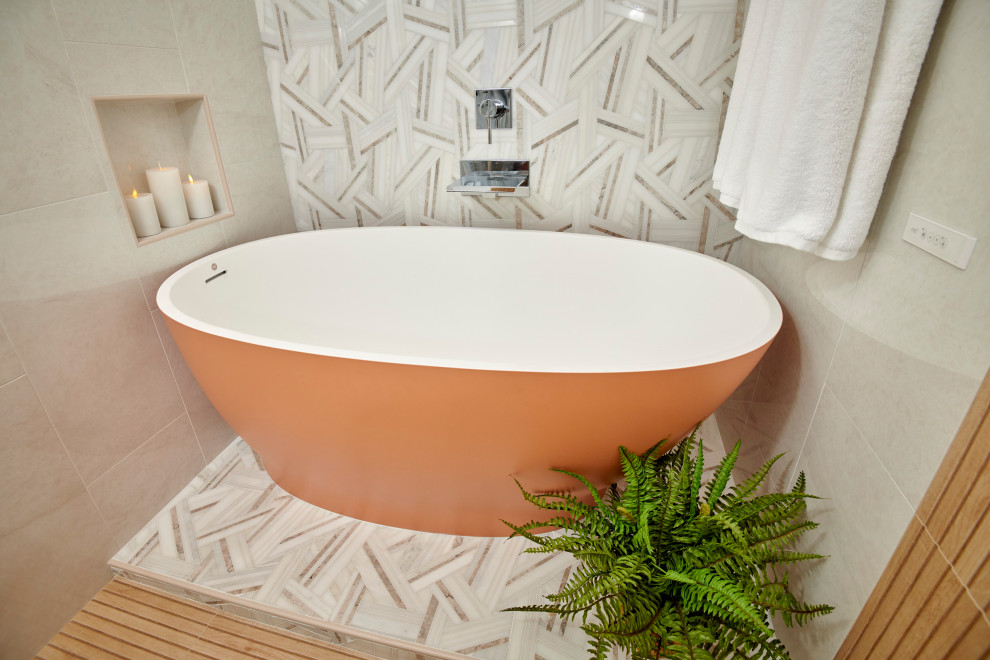 Inspiration for a mid-sized tropical master wet room bathroom in Denver with white cabinets, a freestanding tub, a bidet, white tile, marble, multi-coloured walls, marble floors, a trough sink, white floor, a hinged shower door, white benchtops, a niche, a double vanity, a floating vanity, wallpaper and panelled walls.