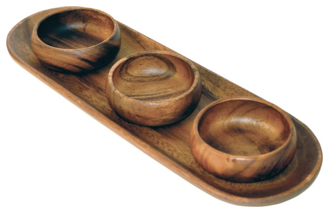 Pacific Merchants Acacia Wood 16.5" Baguette/Bread Tray with (3) 4" Dipping Bowl