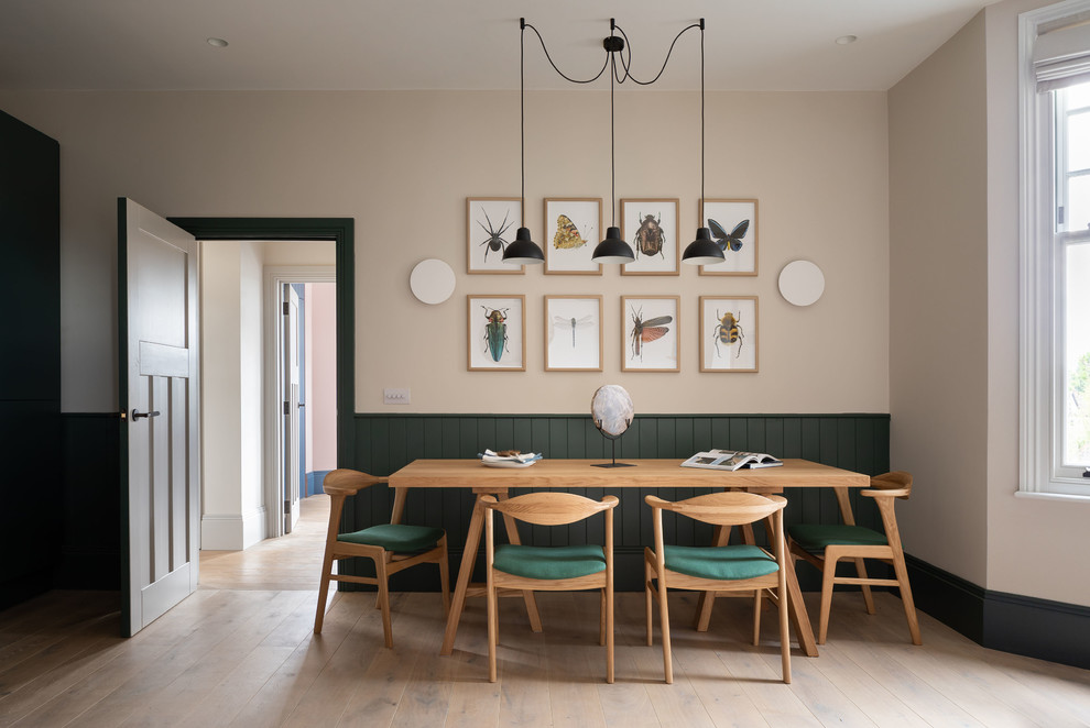 Photo of a small scandinavian dining room in London with beige walls, light hardwood floors, no fireplace and beige floor.