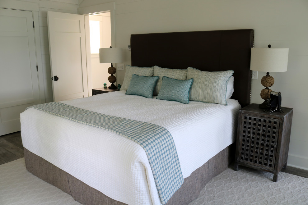 Bedroom - transitional guest dark wood floor and gray floor bedroom idea with white walls