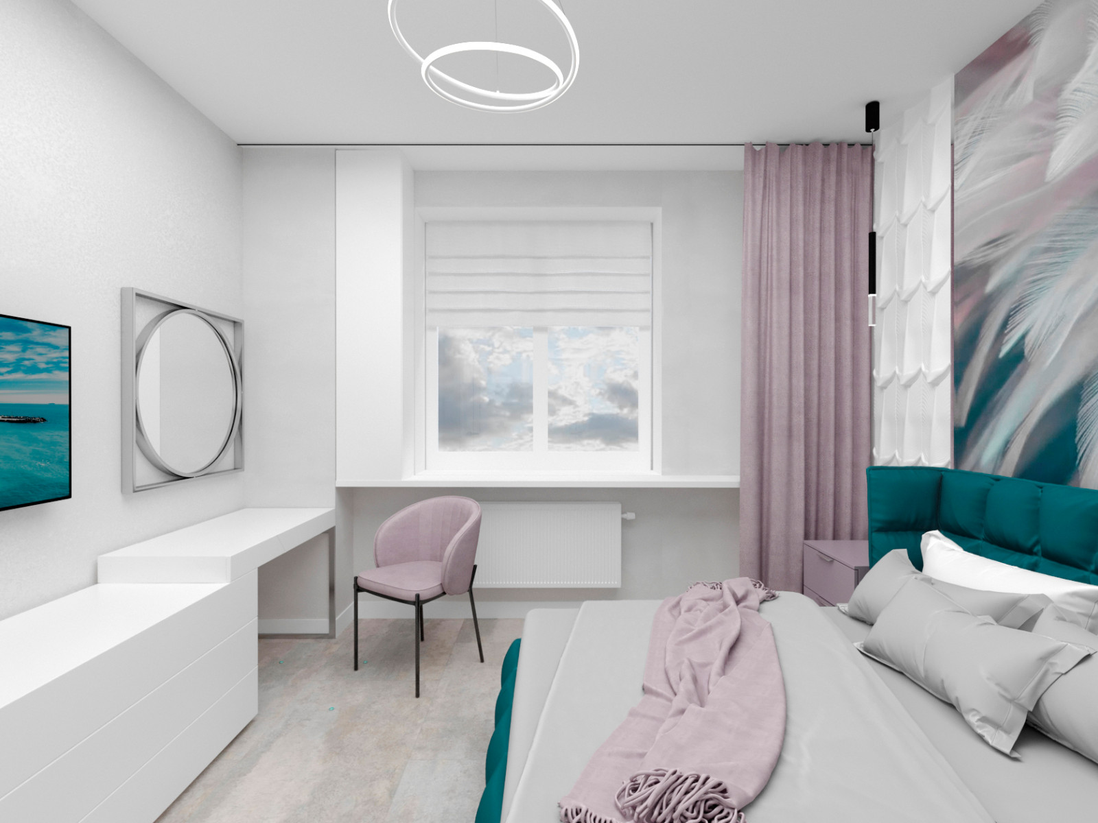 Воздушный дизайн спальни в пастельной гамме.