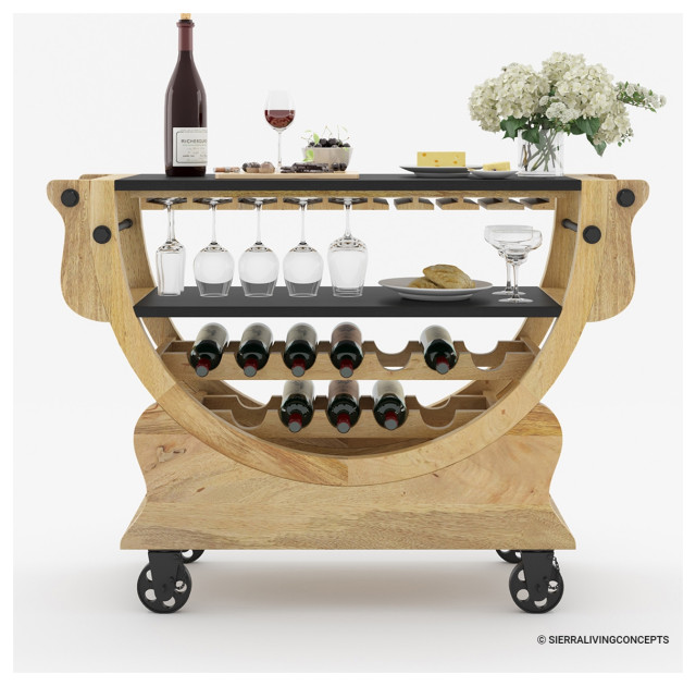 Macdoel Farmhouse Style Rustic Solid Wood Bar Cart with Wine Rack