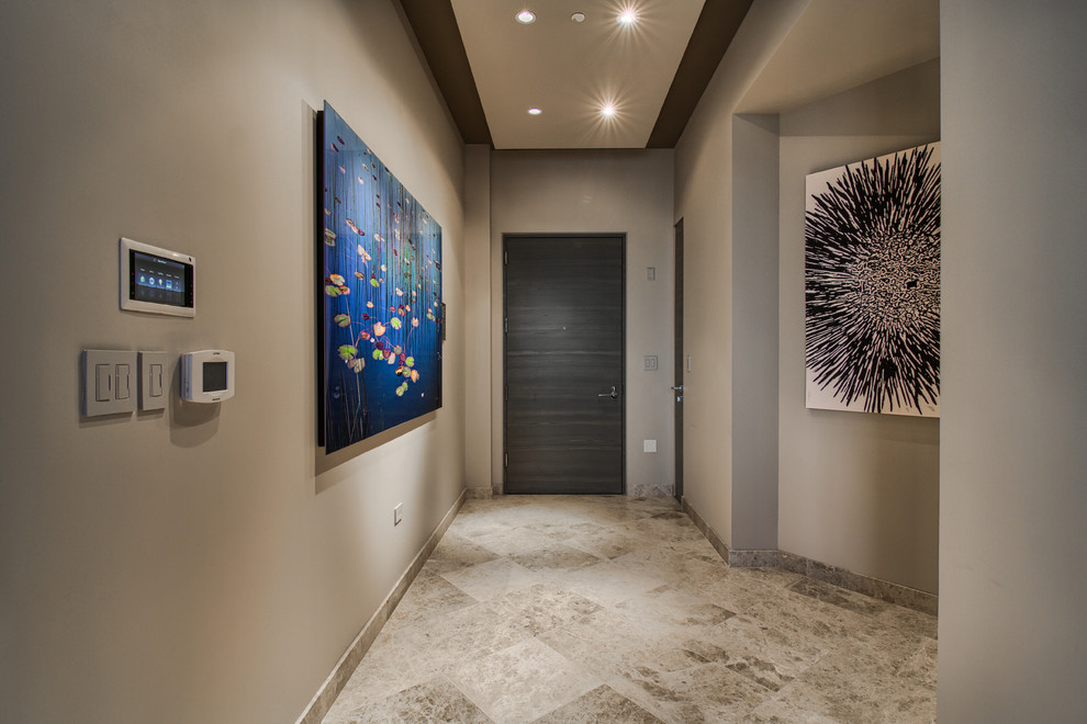 Design ideas for a large contemporary hallway in Denver with grey walls and marble floors.
