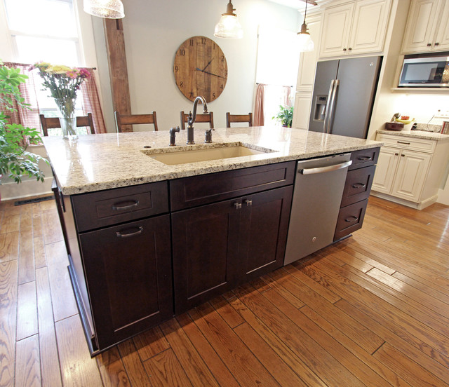 Painted Cream With Brown Glaze Cabinets With Giallo Granite