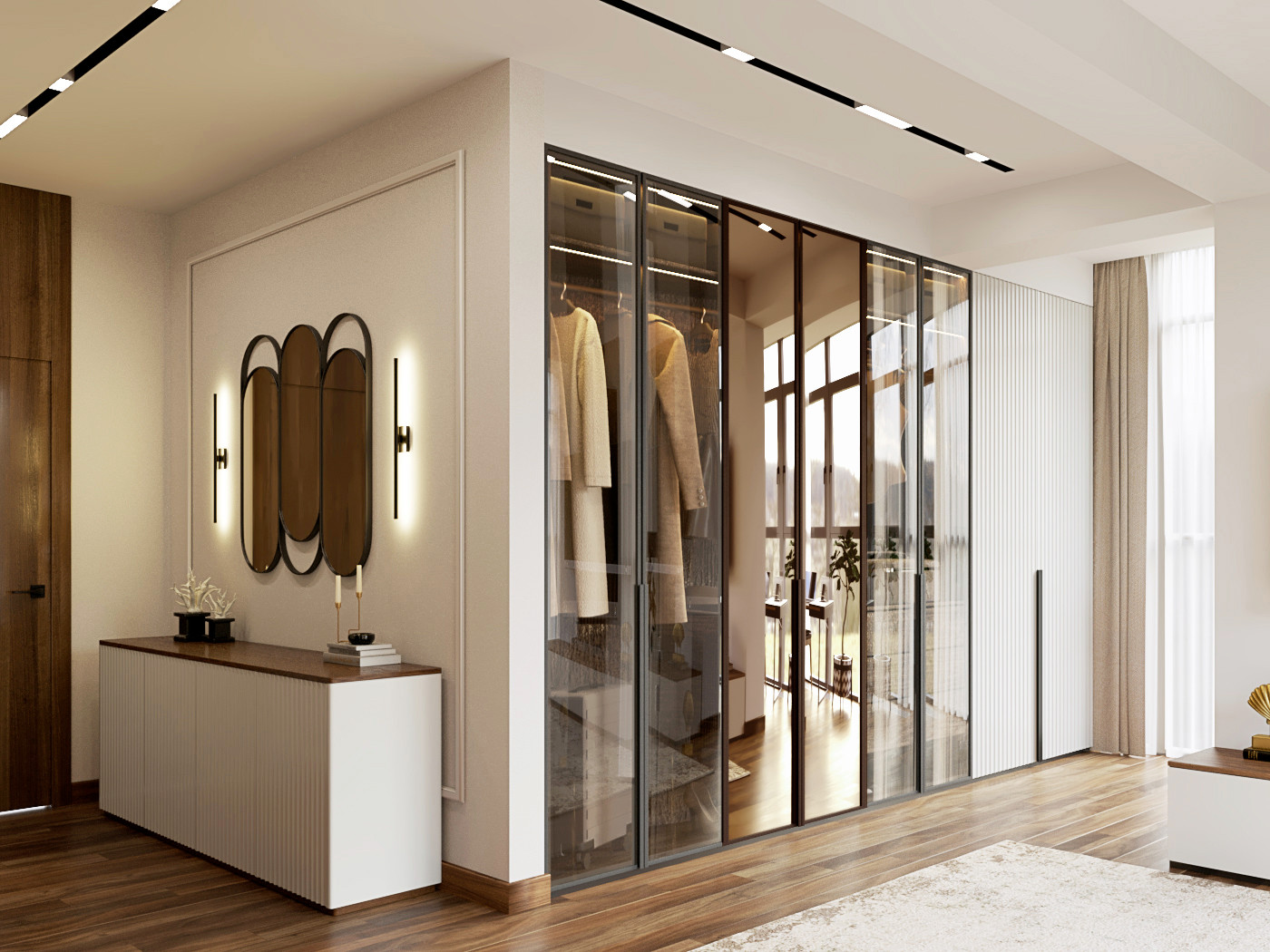 Современная городская квартира с панорамным остеклением в стиле ар-деко