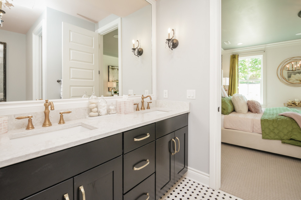Inspiration for a large transitional master double-sink, porcelain tile and multicolored floor bathroom remodel in Atlanta with shaker cabinets, black cabinets, quartz countertops, white countertops, a built-in vanity, gray walls and an undermount sink