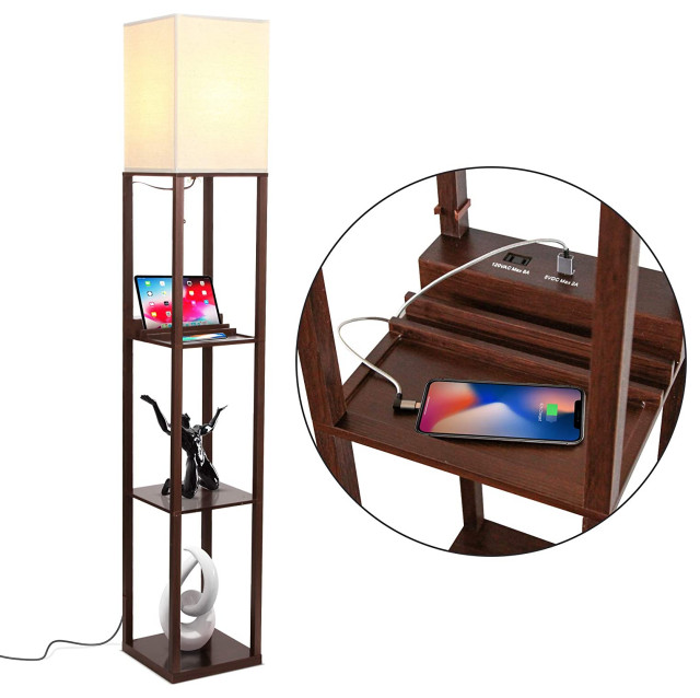 Brightech Maxwell Charger - Shelf Floor Lamp with USB Charging and Outlet LED, Brown