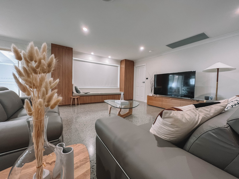 Photo of a medium sized scandi open plan living room in Sydney with white walls, concrete flooring, a freestanding tv, grey floors, a wood ceiling and wood walls.