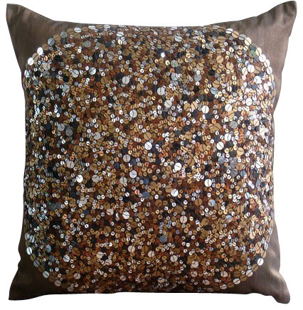 Brown Art Silk 14"x14" Sequins Throw Pillows Cover, Brown Eye Sparkle