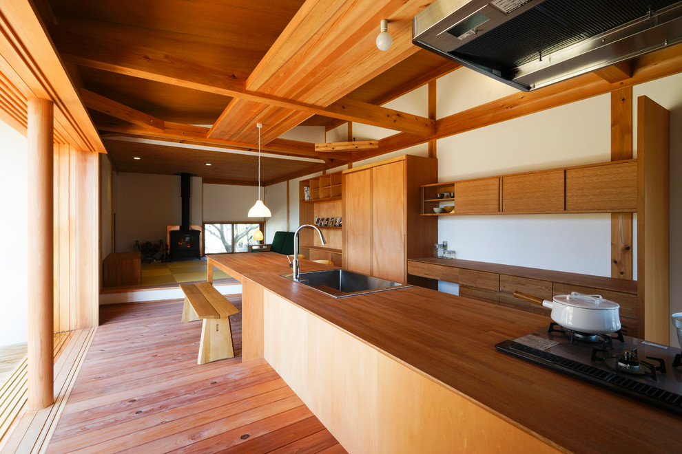 Photo of an asian galley open plan kitchen in Other with a drop-in sink, flat-panel cabinets, stainless steel appliances, medium hardwood floors, with island, wood benchtops and timber splashback.