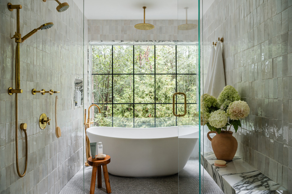 Mid-sized transitional master white tile and porcelain tile mosaic tile floor and gray floor freestanding bathtub photo in Chicago with white walls, marble countertops, a hinged shower door and white countertops