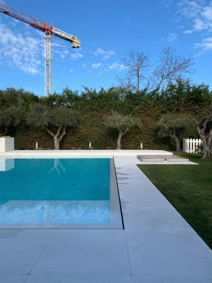 Esempio di una piscina a sfioro infinito minimal rettangolare di medie dimensioni e davanti casa
