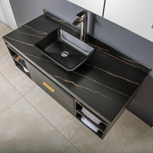 Matte Black Glass Rectangular Vessel Bathroom Sink modern-badezimmer