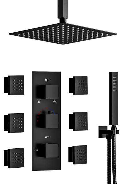 Thermostatic Ceiling Mount Shower Head Complete Shower System With Valve, Matte Black, 12"