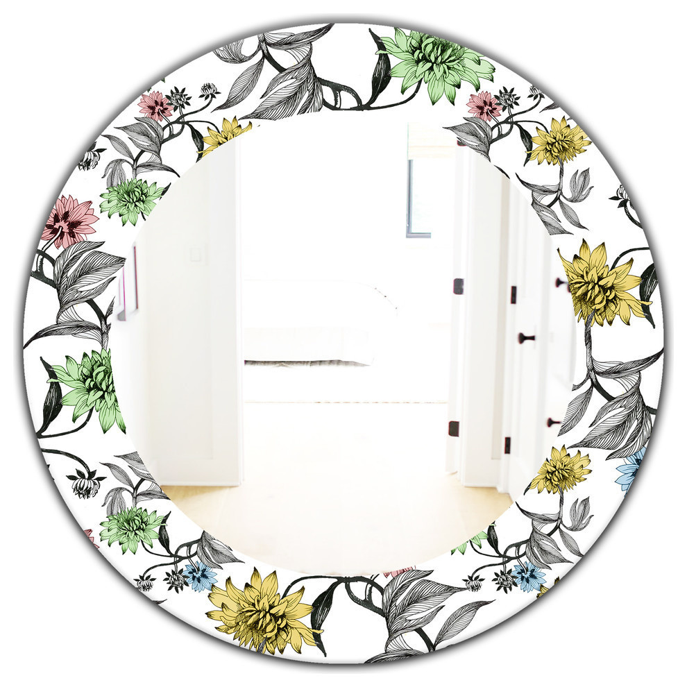 Designart Vintage Flowers 3 Traditional Frameless Oval Or Round Wall Mirror Contemporary Bathroom Mirrors By Design Art Usa