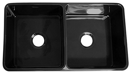 Duet Reversible Double Bowl Fireclay Sink With Smooth Front Apron, Black