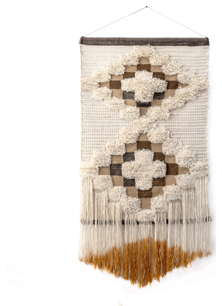 nuLOOM Handmade Wool Cotton Aztec Tassel Wall Hanging, Ivory, 30"x50"
