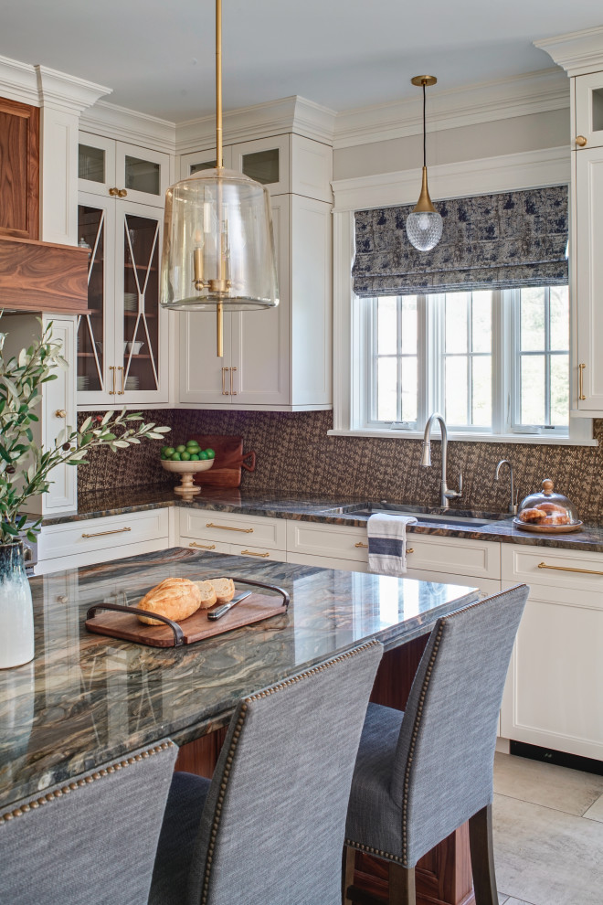 Inspiration for a huge transitional l-shaped porcelain tile and gray floor eat-in kitchen remodel in Chicago with a single-bowl sink, beaded inset cabinets, white cabinets, quartzite countertops, metallic backsplash, mosaic tile backsplash, paneled appliances, an island and blue countertops