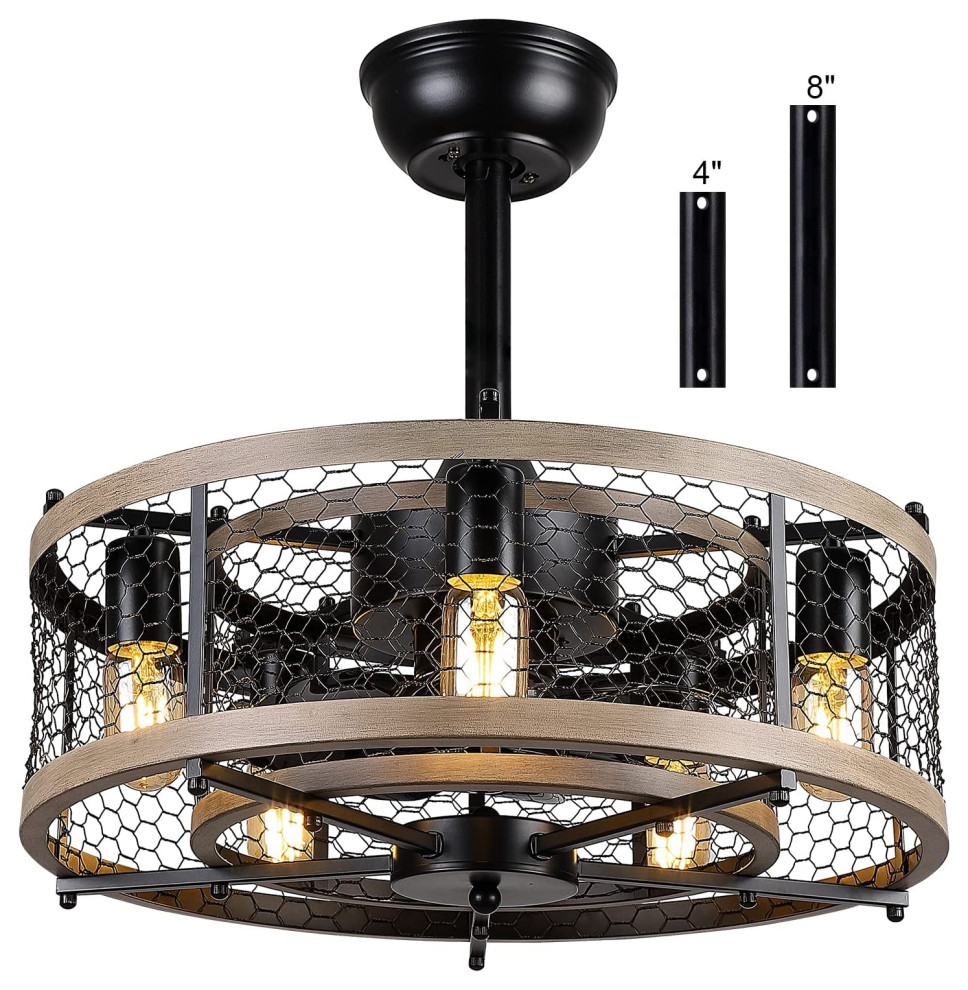 5 Light Cage Ceiling Fan With Light Remote Contral Farmhouse Ceiling Fan Lamp
