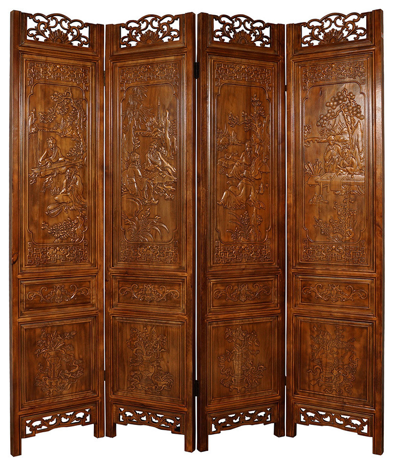 Consigned Vintage Chinese Double Side Hand Carved Screen/Room Divider