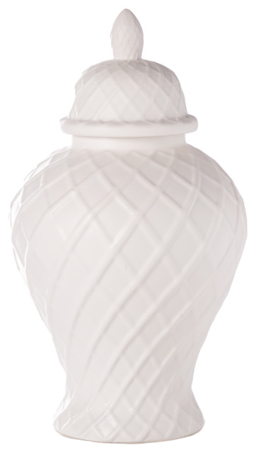 Ceramic Ginger Jar with Embossed Cross Lattice Pattern Matte Finish White, Large