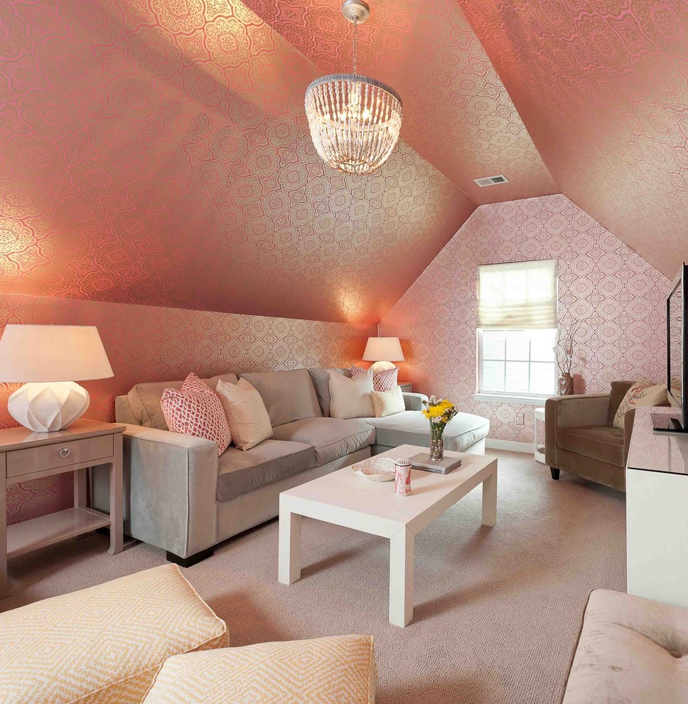 Inspiration for a transitional family room in DC Metro with pink walls.