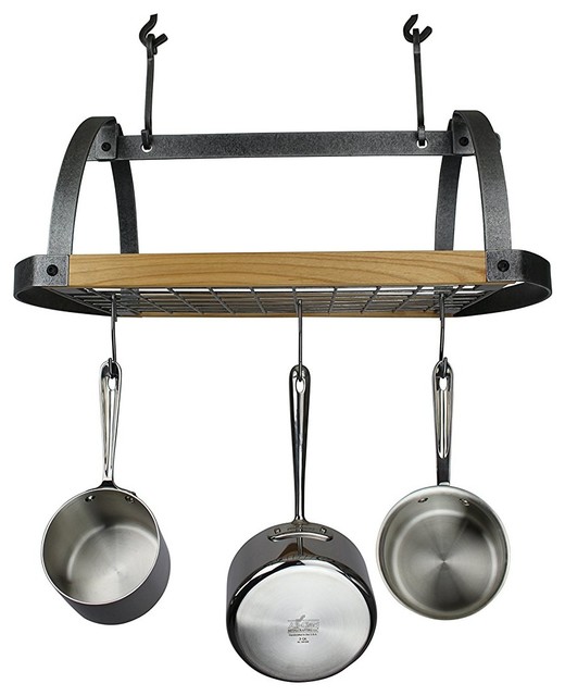 Oval Ceiling Pot Rack With 12 Hooks and Alder Shelf, Hammered Steel