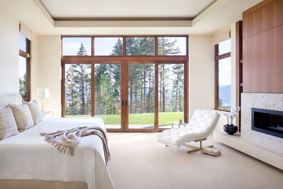 This is an example of a large contemporary master bedroom in Other with carpet, a hanging fireplace, a stone fireplace surround, white walls and beige floor.