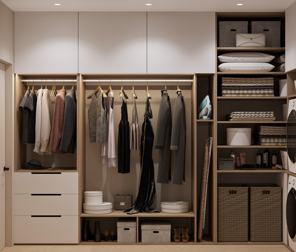 Inspiration for a small scandinavian gender-neutral walk-in wardrobe in Other with open cabinets, white cabinets, medium hardwood floors and beige floor.