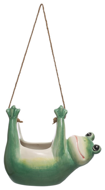 6.75 Inches Hanging Ceramic Frog Planter With Jute Rope Hanger, Green and White