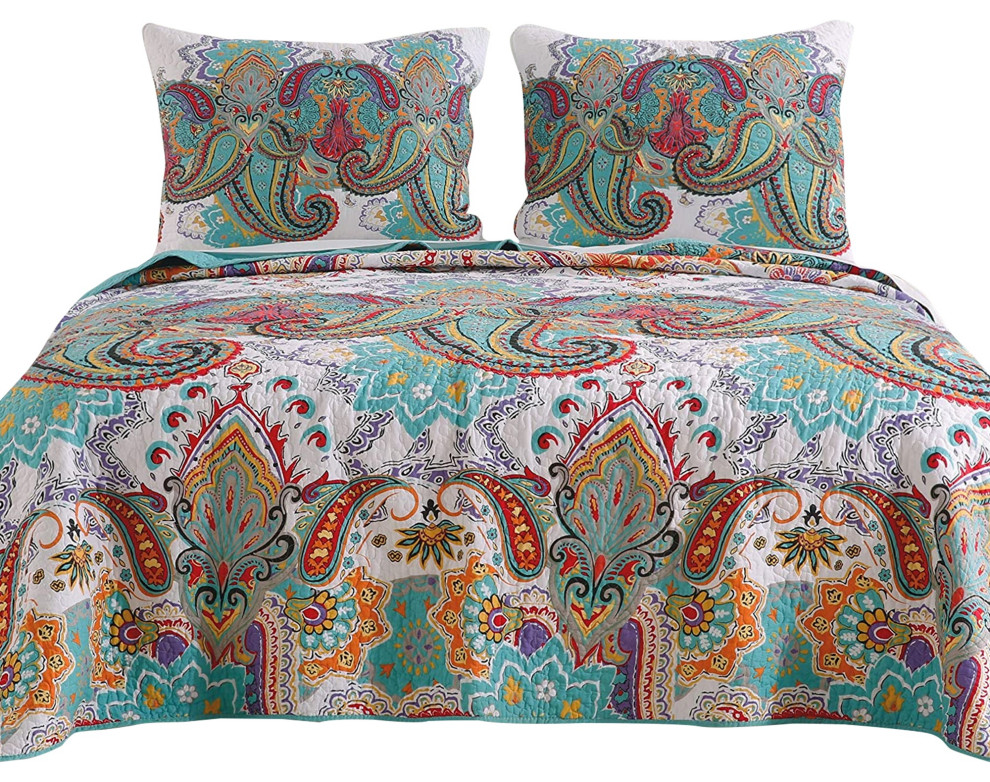 3 Piece Queen Size Cotton Quilt Set With Paisley Print, Teal Blue