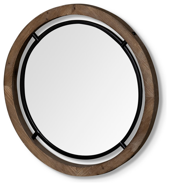 Josi Brown Solid Wood And Black Metal Frame Round Mirror, 19"