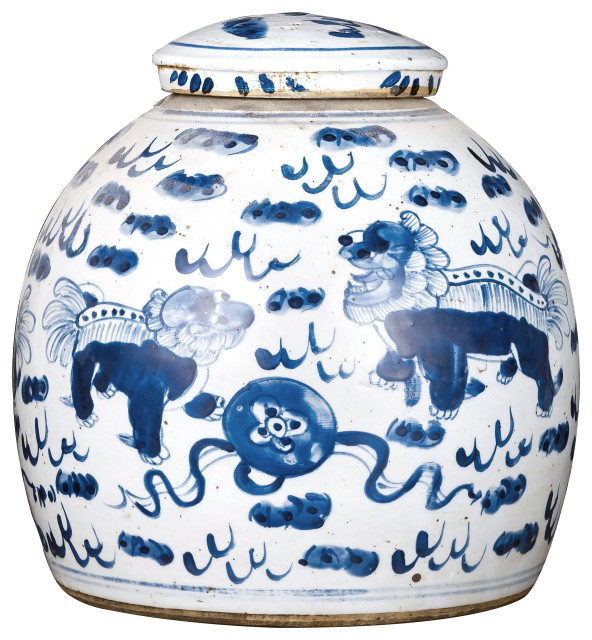 Legend of Asia Blue And White Vintage Ming Large Jar With Lion Motif