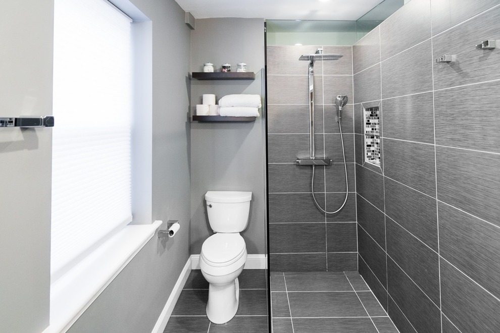 Example of a small minimalist master gray tile and ceramic tile ceramic tile walk-in shower design in Baltimore with a two-piece toilet and gray walls