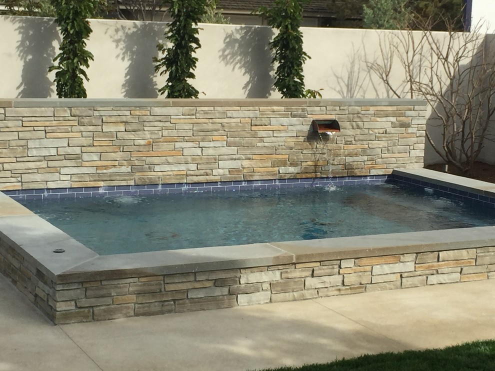 Example of a mid-sized transitional backyard stone and rectangular lap pool fountain design in Orange County