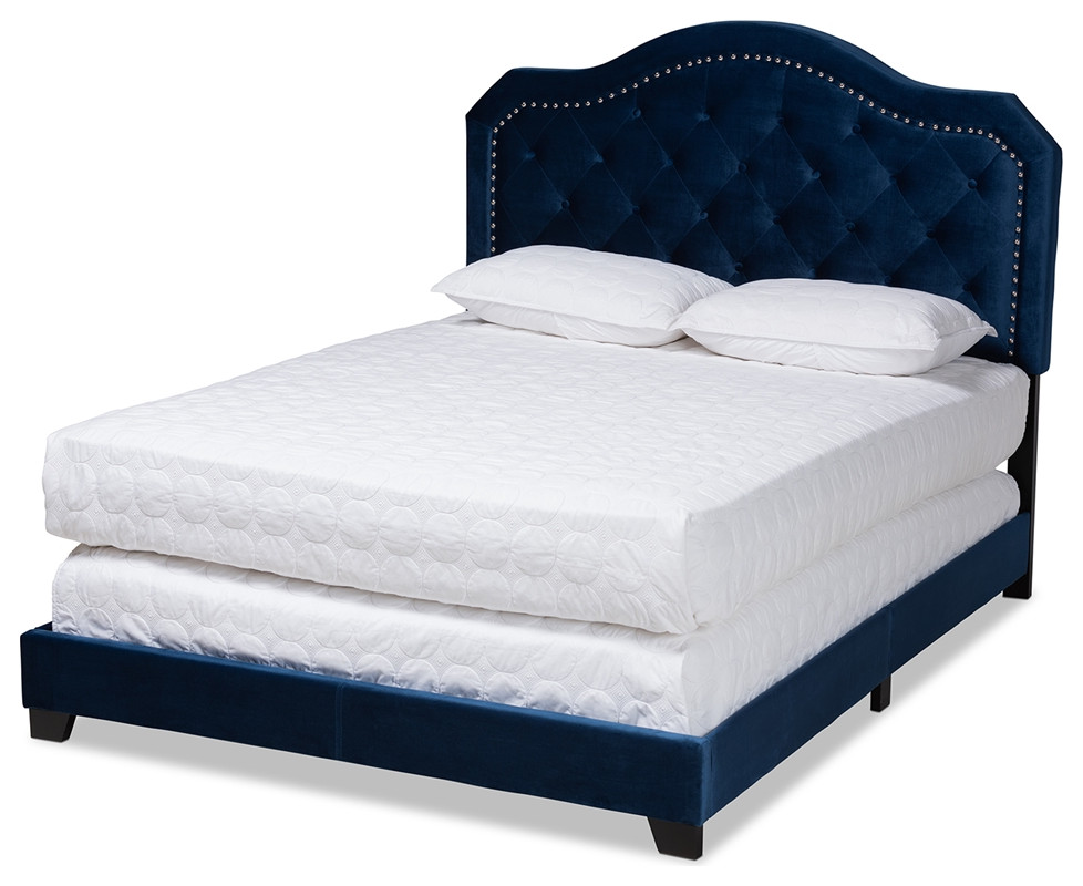 Modern Navy Blue Velvet Fabric Upholstered King Size Button Tufted Bed