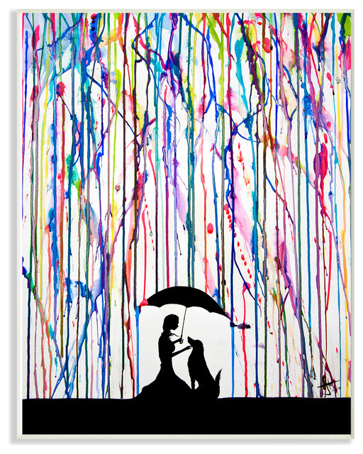 Melting Colors Rainbow Rain Drops Umbrella Dog Silhouette Plaque Contemporary Prints And Posters By Stupell Industries