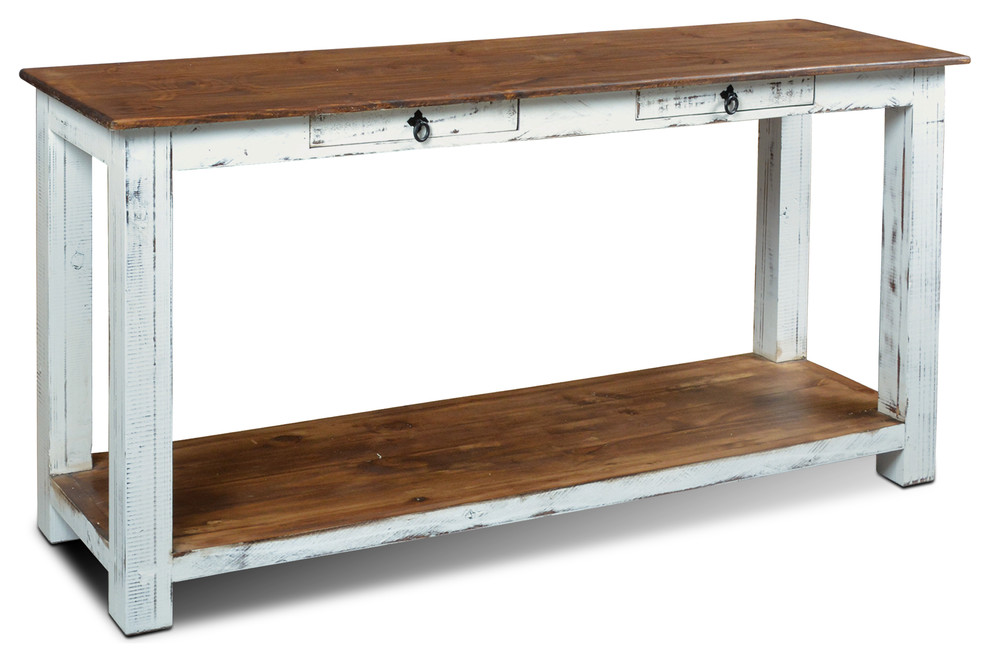 Rustic Solid Wood Distressed White 2Drawer Sofa Table/Console French