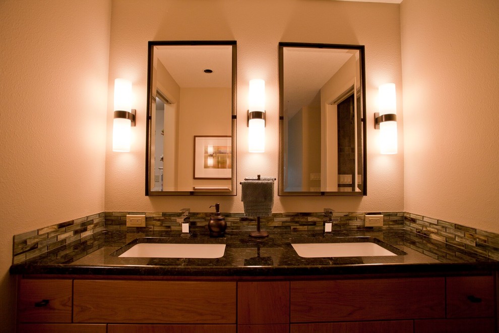 Inspiration for a mid-sized asian bathroom in Portland with flat-panel cabinets, brown cabinets, an alcove shower, a two-piece toilet, multi-coloured tile, glass tile, orange walls, porcelain floors, an undermount sink, granite benchtops, multi-coloured floor, multi-coloured benchtops and an open shower.