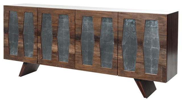 Bruce Rustic Lodge Mirrored Cutout Reclaimed Wood Console Cabinet