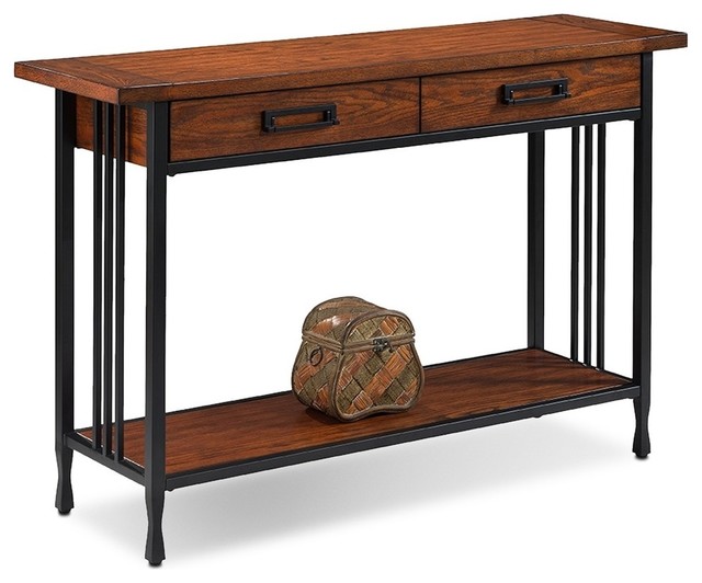 Leick Ironcraft Wood Console Table in Burnished Oak Industrial Console Tables by