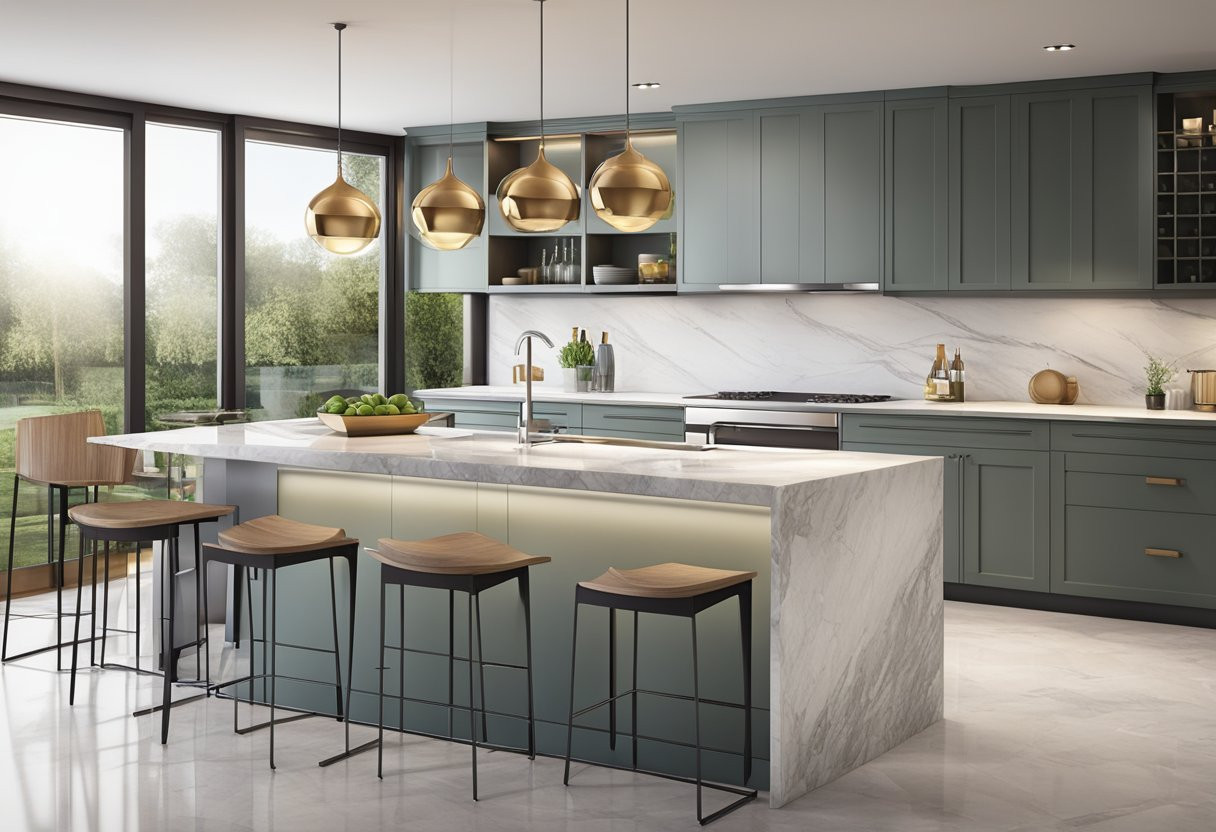 A kitchen bar with chairs