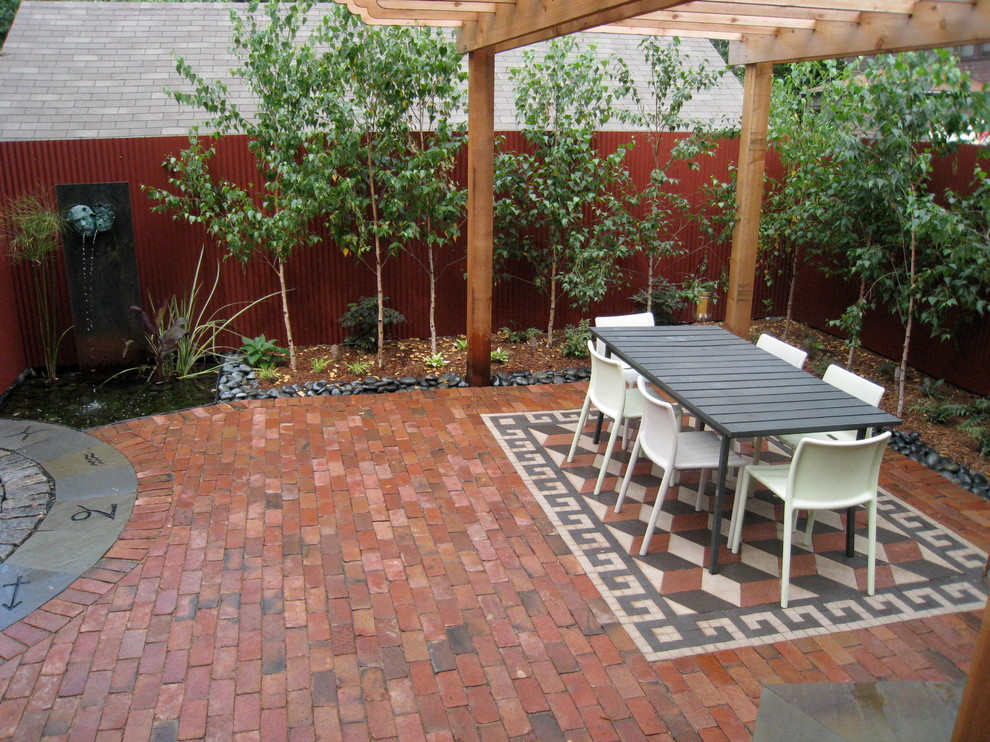 Design ideas for a mid-sized eclectic backyard patio in Minneapolis with brick pavers and a pergola.