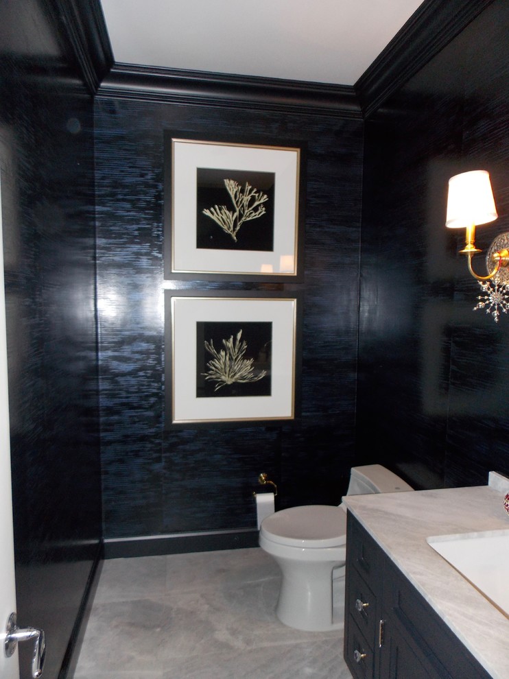 Mid-sized contemporary 3/4 bathroom in New York with recessed-panel cabinets, black cabinets, multi-coloured walls, marble floors, marble benchtops, multi-coloured floor and multi-coloured benchtops.