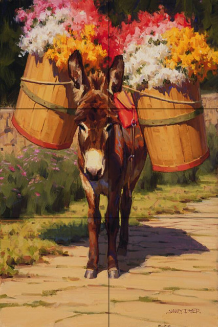Tile Mural Kitchen Backsplash Donkey With Flowers by Jimmy Dyer