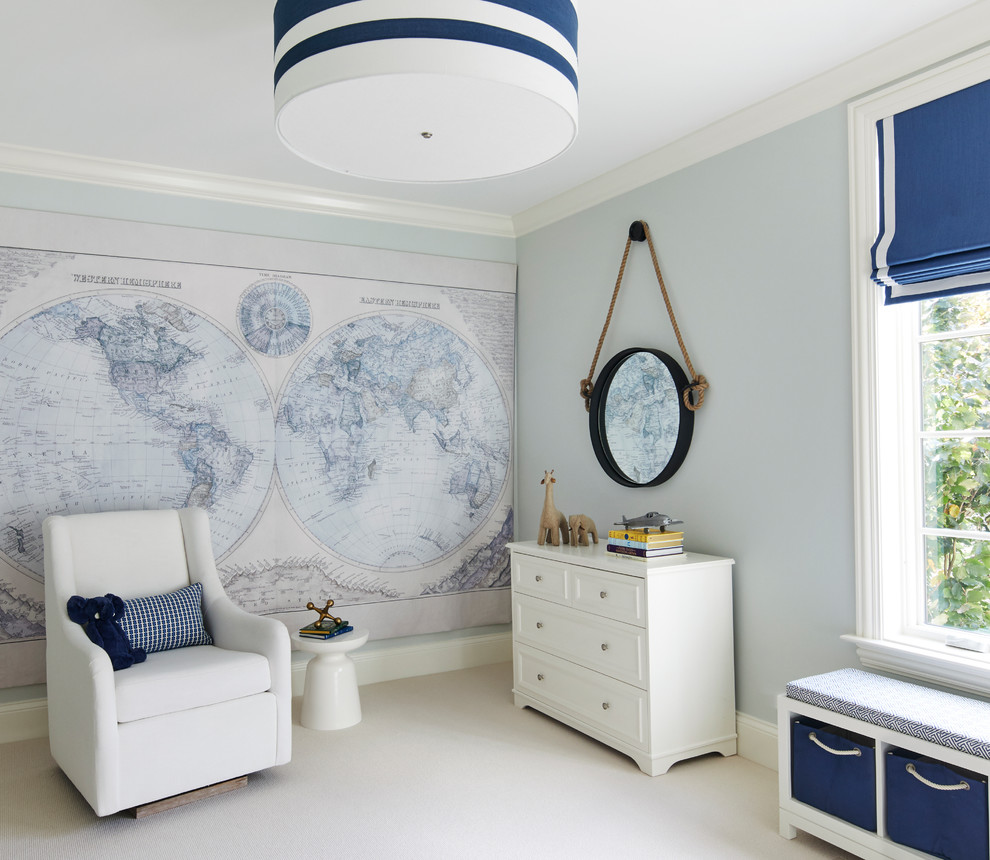Design ideas for a mid-sized beach style gender-neutral nursery in Chicago with blue walls, carpet and white floor.